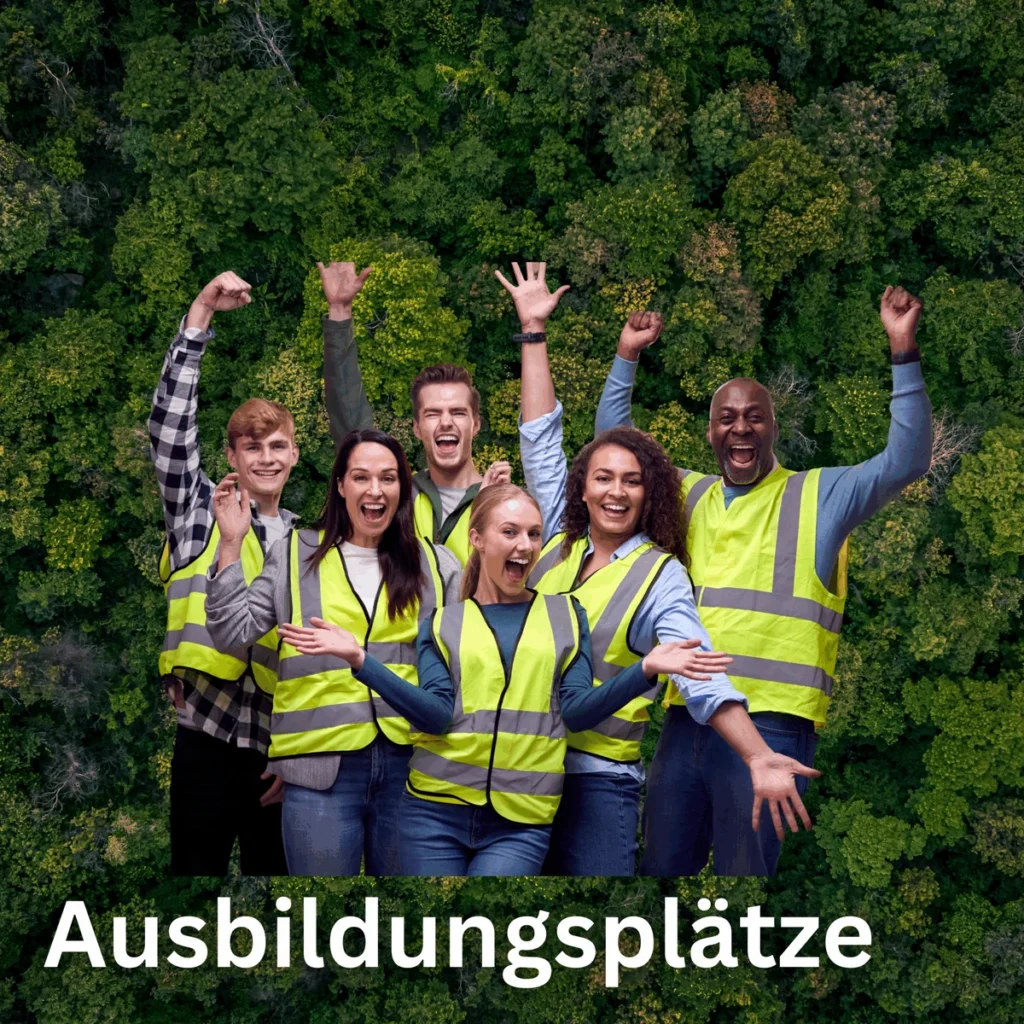 Gruppe junger Menschen in Warnwesten jubelt im Wald, Titelbild Ausbildungsplätze