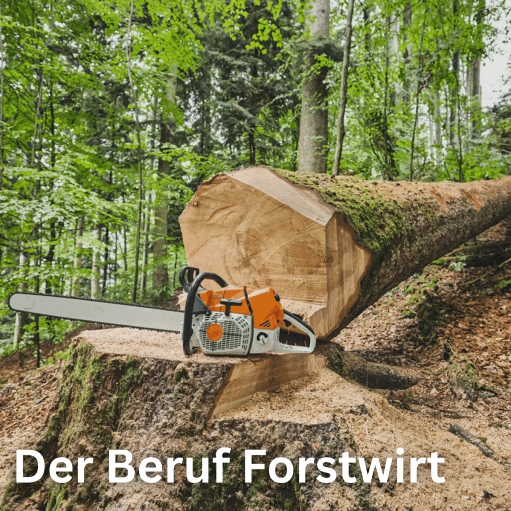 Gefällter Baumstamm mit Motorsäge im Wald, Titelbild Der Beruf Forstwirt